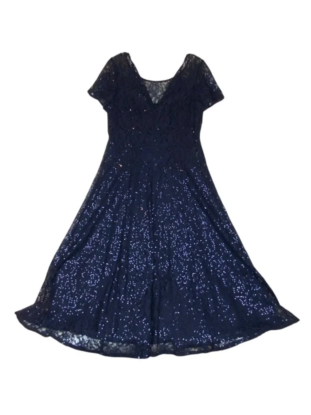 SLNY Womens Navy Lace Sequin A-Line Cocktail Midi Dress Size 12 Wedding Guest - Picture 2 of 7